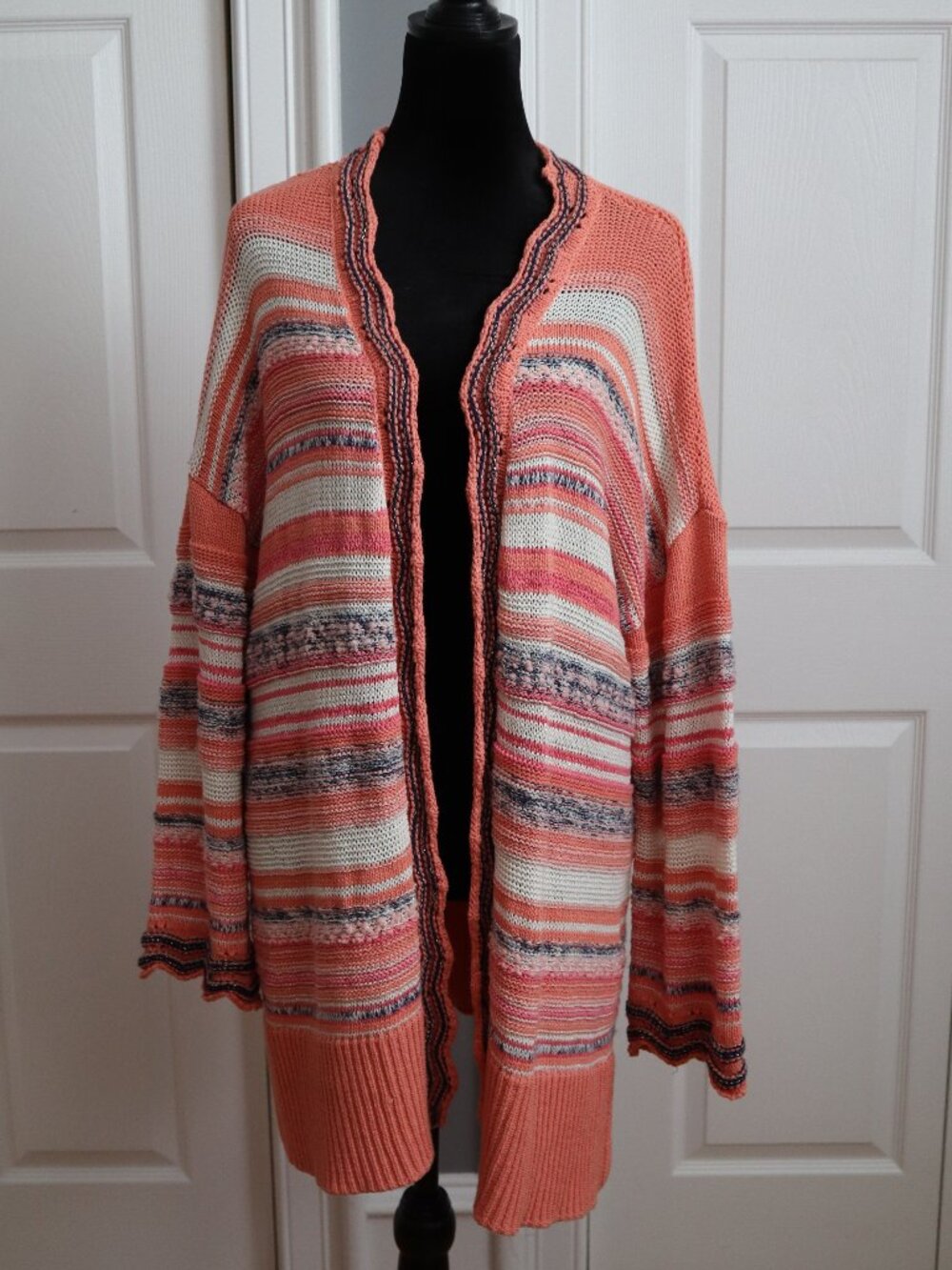 Soft Surroundings Open Front Cardigan Duster Sweater Coral Pink Striped Sz L